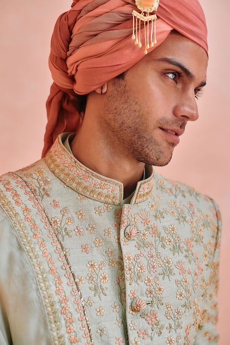 Buy Philocaly Green Silk Embroidery Gulshan Periwinkle Flower Sherwani Set Online at Aza Fashions Buy_Philocaly_Green Silk Embroidery Gulshan Periwinkle Flower Sherwani Set _Online_at_Aza_Fashions