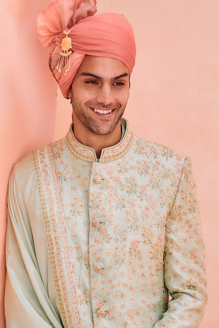 Shop Philocaly Green Silk Embroidery Gulshan Periwinkle Flower Sherwani Set Online at Aza Fashions Shop_Philocaly_Green Silk Embroidery Gulshan Periwinkle Flower Sherwani Set _Online_at_Aza_Fashions