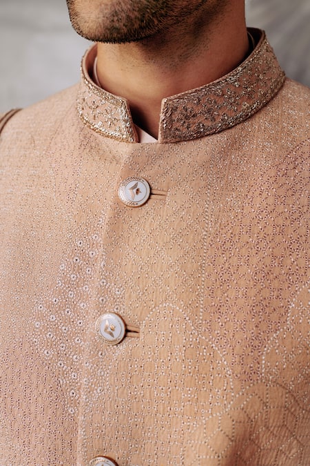 Philocaly_Ivory , Chanderi Embroidery Temple Thread Sherwani Set _Online_at_Aza_Fashions