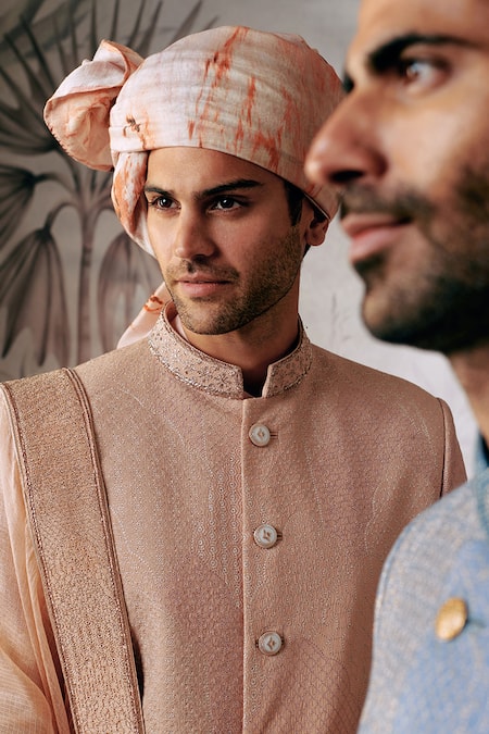 Buy_Philocaly_Ivory , Chanderi Embroidery Temple Thread Sherwani Set _Online_at_Aza_Fashions