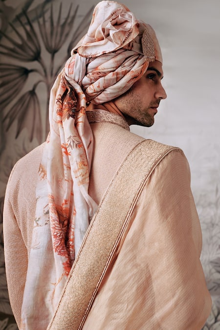 Shop_Philocaly_Ivory , Chanderi Embroidery Temple Thread Sherwani Set _Online_at_Aza_Fashions