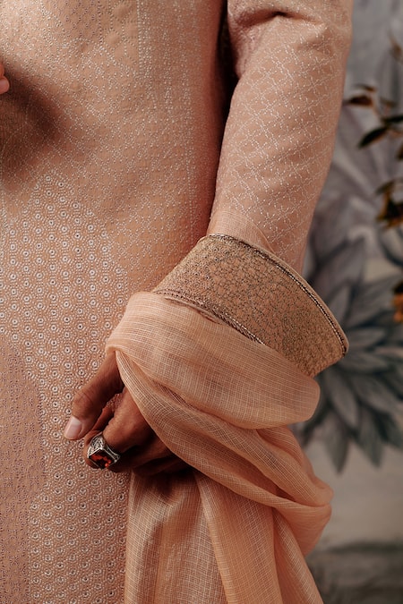 Philocaly_Ivory , Chanderi Embroidery Temple Thread Sherwani Set _at_Aza_Fashions