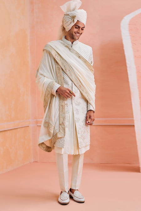Philocaly_Ivory Silk Embroidery Chakor Forest Theme Sherwani Set _Online_at_Aza_Fashions