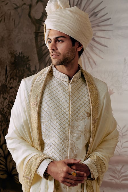 Buy_Philocaly_Ivory Silk Embroidery Chakor Forest Theme Sherwani Set _Online_at_Aza_Fashions