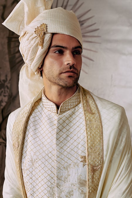 Shop_Philocaly_Ivory Silk Embroidery Chakor Forest Theme Sherwani Set _Online_at_Aza_Fashions