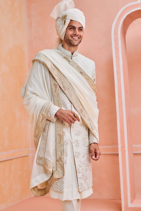 Philocaly_Ivory Silk Embroidery Chakor Forest Theme Sherwani Set _at_Aza_Fashions