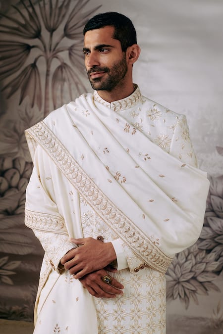 Philocaly_Ivory Silk Embroidery Wheat Blooming Flower Sherwani Set _Online_at_Aza_Fashions