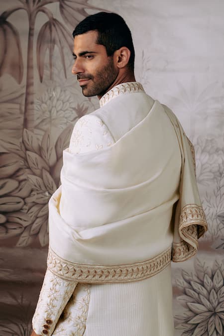 Buy_Philocaly_Ivory Silk Embroidery Wheat Blooming Flower Sherwani Set _Online_at_Aza_Fashions