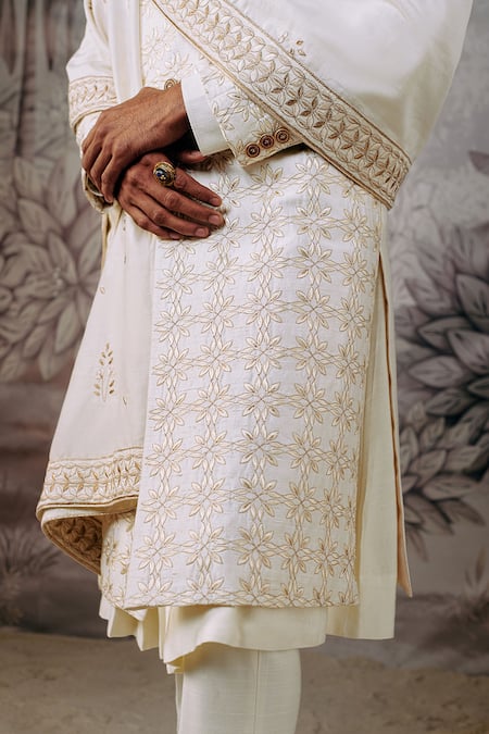 Shop_Philocaly_Ivory Silk Embroidery Wheat Blooming Flower Sherwani Set _Online_at_Aza_Fashions