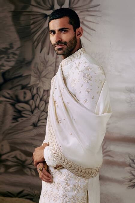 Philocaly_Ivory Silk Embroidery Wheat Blooming Flower Sherwani Set _at_Aza_Fashions