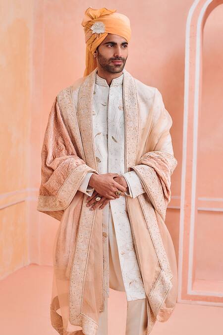 Philocaly Ivory Silk Embroidery Kumud Lilly Sherwani Set Online at Aza Fashions Philocaly_Ivory Silk Embroidery Kumud Lilly Sherwani Set _Online_at_Aza_Fashions