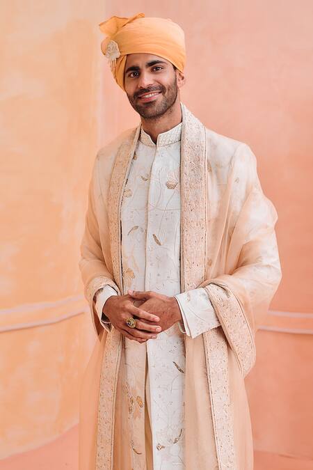 Shop Philocaly Ivory Silk Embroidery Kumud Lilly Sherwani Set Online at Aza Fashions Shop_Philocaly_Ivory Silk Embroidery Kumud Lilly Sherwani Set _Online_at_Aza_Fashions
