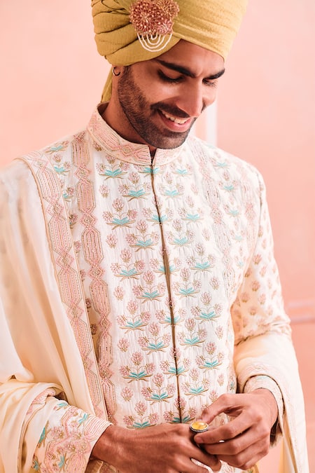 Philocaly_Ivory Silk Embroidery Guldasta Sherwani Set _Online_at_Aza_Fashions