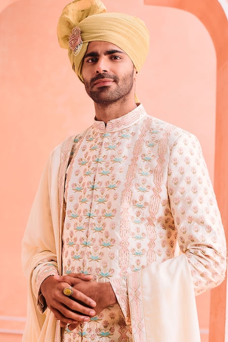 Buy_Philocaly_Ivory Silk Embroidery Guldasta Sherwani Set _Online_at_Aza_Fashions