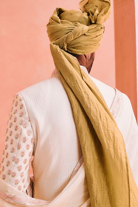 Philocaly_Ivory Silk Embroidery Guldasta Sherwani Set _at_Aza_Fashions