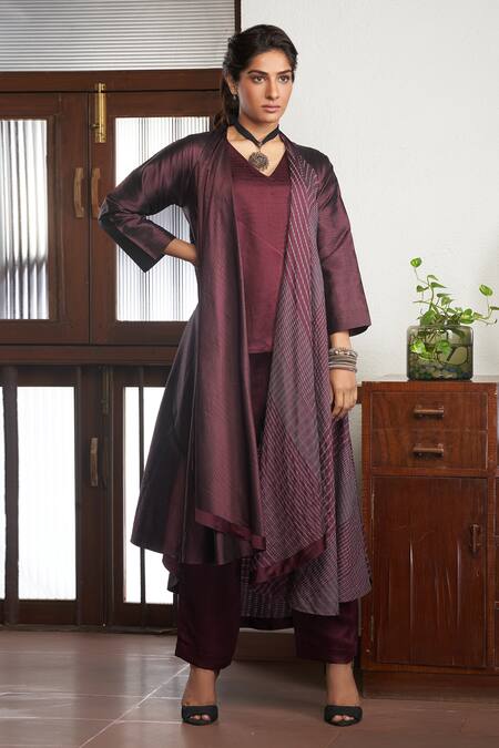 Shop_Bodhi Tree_Wine Handloom Cotton, Silk, Viscose, Linen Asymmetric Jacket And Pant Set _Online_at_Aza_Fashions