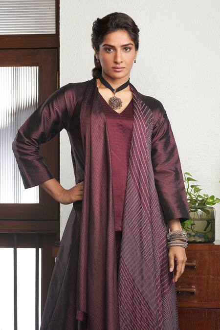Buy_Bodhi Tree_Wine Handloom Cotton, Silk, Viscose, Linen Asymmetric Jacket And Pant Set _Online_at_Aza_Fashions