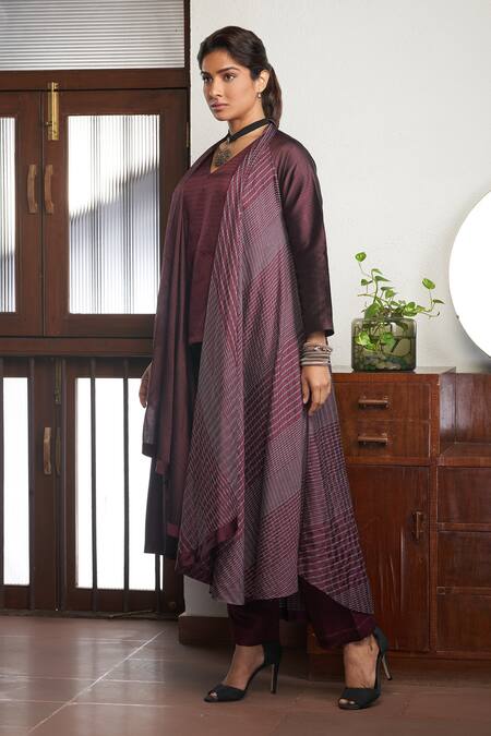 Bodhi Tree_Wine Handloom Cotton, Silk, Viscose, Linen Asymmetric Jacket And Pant Set _Online_at_Aza_Fashions