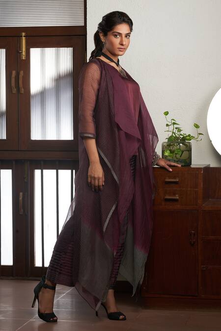 Shop_Bodhi Tree_Wine Organza, Handloom Cotton, Viscose Asymmetric Woven Kaftan With Inner _Online_at_Aza_Fashions
