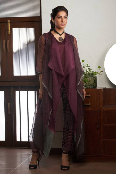 Bodhi Tree_Wine Organza, Handloom Cotton, Viscose Asymmetric Woven Kaftan With Inner _Online_at_Aza_Fashions