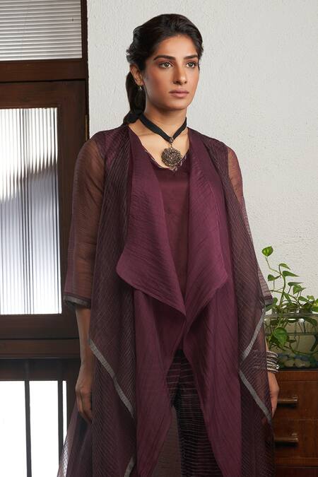 Buy_Bodhi Tree_Wine Organza, Handloom Cotton, Viscose Asymmetric Woven Kaftan With Inner _Online_at_Aza_Fashions