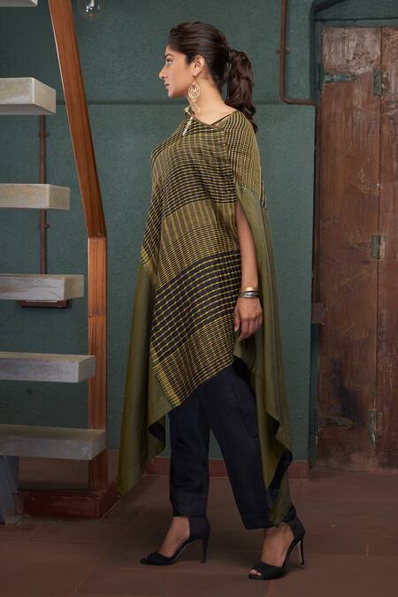 Shop_Bodhi Tree_Green Handloom Cotton, Silk, Viscose, Linen Asymmetric Checks Kurta And Pant Set _Online_at_Aza_Fashions