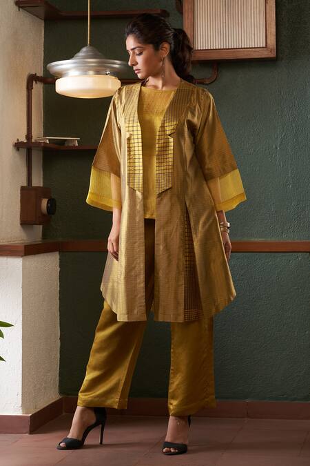 Shop_Bodhi Tree_Yellow Handloom Cotton, Silk, Viscose, Linen Embroidery Jacket And Pant Set _Online_at_Aza_Fashions