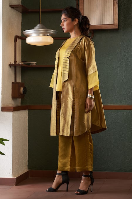 Bodhi Tree_Yellow Handloom Cotton, Silk, Viscose, Linen Embroidery Jacket And Pant Set _Online_at_Aza_Fashions
