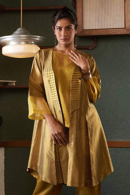 Buy_Bodhi Tree_Yellow Handloom Cotton, Silk, Viscose, Linen Embroidery Jacket And Pant Set _Online_at_Aza_Fashions