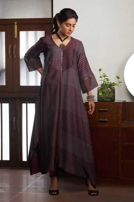 Shop_Bodhi Tree_Wine Handloom Cotton, Silk Embroidery V-neck Woven Checkered Kaftan _Online_at_Aza_Fashions
