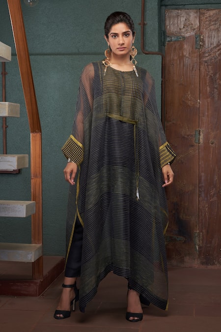 Shop_Bodhi Tree_Grey Organza, Handloom Cotton, Silk, Viscose, Linen Flared Kaftan Kurta Set _Online_at_Aza_Fashions