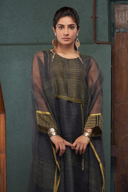 Buy_Bodhi Tree_Grey Organza, Handloom Cotton, Silk, Viscose, Linen Flared Kaftan Kurta Set _Online_at_Aza_Fashions
