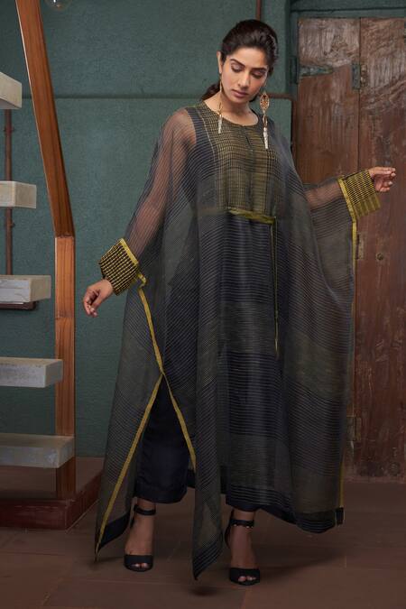 Bodhi Tree_Grey Organza, Handloom Cotton, Silk, Viscose, Linen Flared Kaftan Kurta Set _Online_at_Aza_Fashions