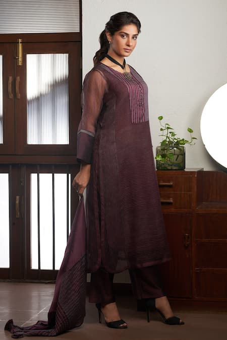 Shop_Bodhi Tree_Wine Organza, Handloom Cotton, Silk, Viscose, Striped Sheer Sleeve Kurta Set _Online_at_Aza_Fashions