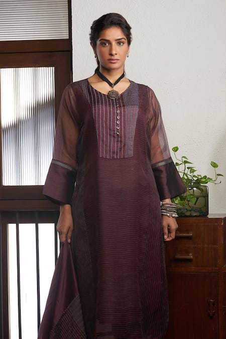 Buy_Bodhi Tree_Wine Organza, Handloom Cotton, Silk, Viscose, Striped Sheer Sleeve Kurta Set _Online_at_Aza_Fashions