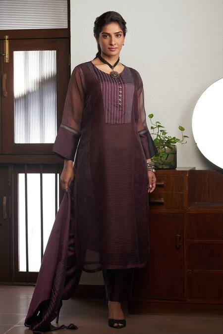 Bodhi Tree_Wine Organza, Handloom Cotton, Silk, Viscose, Striped Sheer Sleeve Kurta Set _Online_at_Aza_Fashions