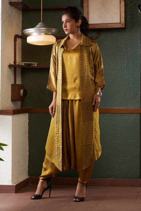 Shop_Bodhi Tree_Yellow Viscose, Cotton, Silk, Handloom Cotton, Flared Jacket And Draped Pant Set _Online_at_Aza_Fashions