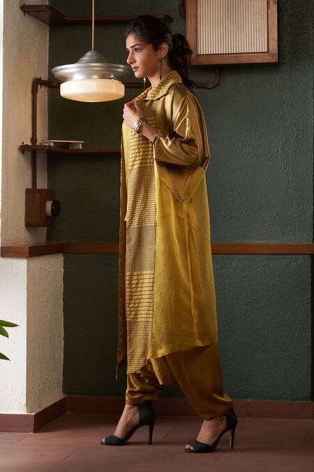 Buy_Bodhi Tree_Yellow Viscose, Cotton, Silk, Handloom Cotton, Flared Jacket And Draped Pant Set _Online_at_Aza_Fashions
