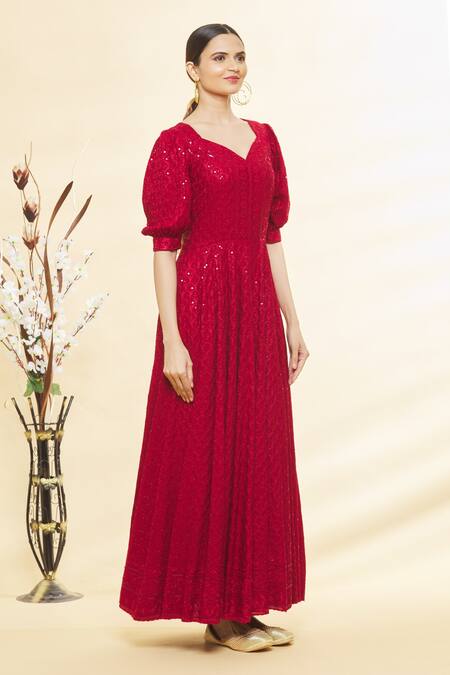 Buy_Samyukta Singhania_Red Cotton Sequins V-neck Chikankari Embroidered Anarkali With Dupatta_Online_at_Aza_Fashions