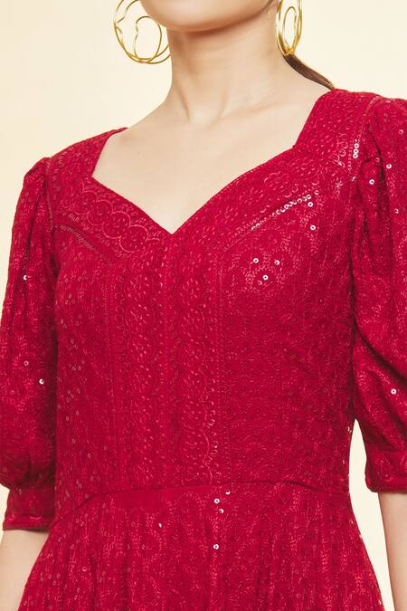 Shop_Samyukta Singhania_Red Cotton Sequins V-neck Chikankari Embroidered Anarkali With Dupatta_Online_at_Aza_Fashions