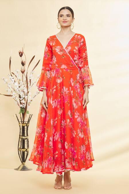 Samyukta Singhania Orange Chiffon, Cotton Lace, Embroidery Botanical Print Anarkali With Dupatta at Aza Fashions Samyukta Singhania_Orange Chiffon, Cotton Lace, Embroidery Botanical Print Anarkali With Dupatta_at_Aza_Fashions