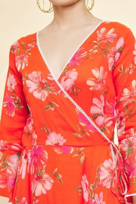 Samyukta Singhania Orange Chiffon, Cotton Lace, Embroidery Botanical Print Anarkali With Dupatta Online at Aza Fashions Samyukta Singhania_Orange Chiffon, Cotton Lace, Embroidery Botanical Print Anarkali With Dupatta_Online_at_Aza_Fashions