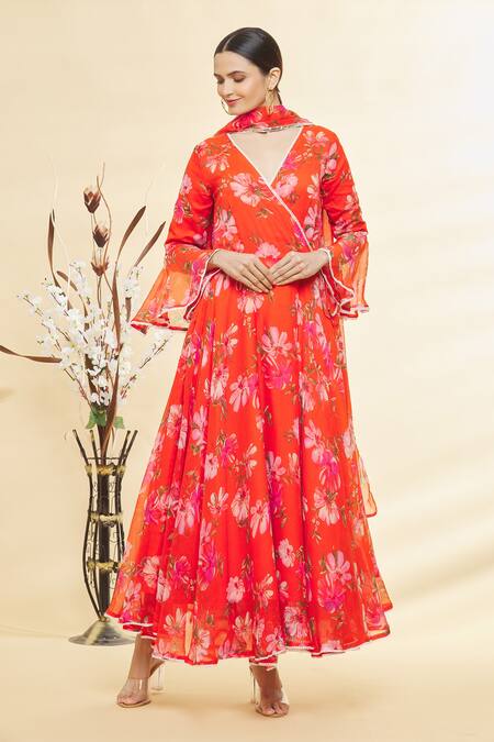 Buy Samyukta Singhania Orange Chiffon, Cotton Lace, Embroidery Botanical Print Anarkali With Dupatta Online at Aza Fashions Buy_Samyukta Singhania_Orange Chiffon, Cotton Lace, Embroidery Botanical Print Anarkali With Dupatta_Online_at_Aza_Fashions