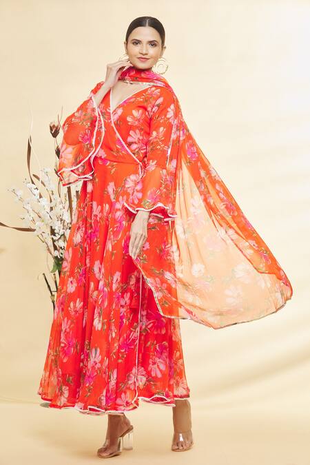 Shop Samyukta Singhania Orange Chiffon, Cotton Lace, Embroidery Botanical Print Anarkali With Dupatta Online at Aza Fashions Shop_Samyukta Singhania_Orange Chiffon, Cotton Lace, Embroidery Botanical Print Anarkali With Dupatta_Online_at_Aza_Fashions