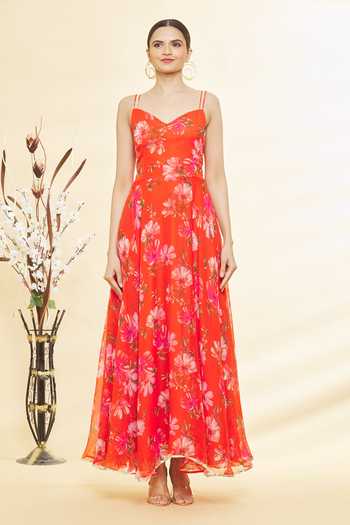 Samyukta Singhania_Orange Chiffon, Cotton Gota Patti V-neck Floral Print Maxi Dress_Online_at_Aza_Fashions