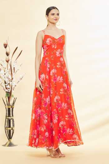 Buy_Samyukta Singhania_Orange Chiffon, Cotton Gota Patti V-neck Floral Print Maxi Dress_Online_at_Aza_Fashions