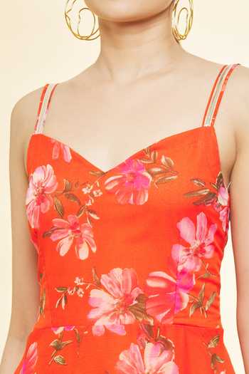 Shop_Samyukta Singhania_Orange Chiffon, Cotton Gota Patti V-neck Floral Print Maxi Dress_Online_at_Aza_Fashions