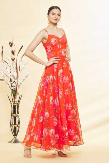 Samyukta Singhania_Orange Chiffon, Cotton Gota Patti V-neck Floral Print Maxi Dress_at_Aza_Fashions