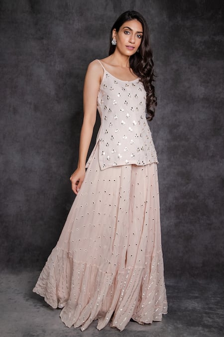 Sunita Bhandari_Pink Viscose, Georgette Embroidery, Gota Patti, Mirrors And Kurta Set With Cape _Online_at_Aza_Fashions