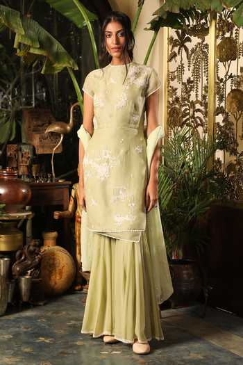 Sahil Kochhar_Green Organza, Net Embroidery, Lace Round Neck Aafiya Thread Kurta Set _Online_at_Aza_Fashions